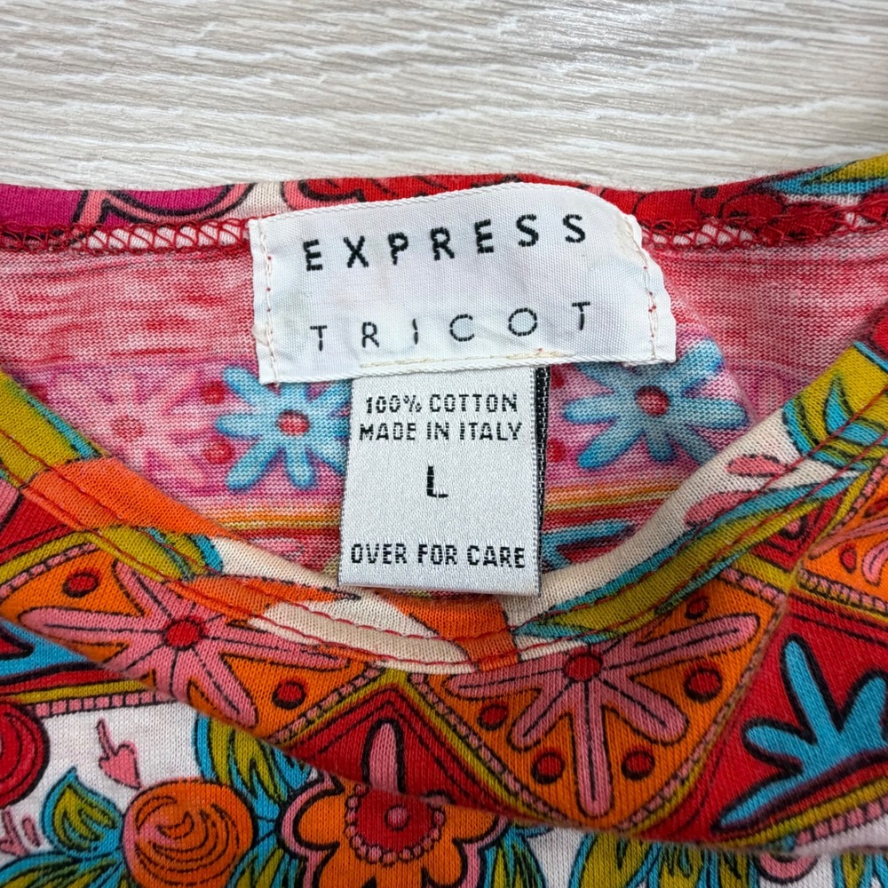 Express Tricot Vintage 90s Floral Border Print Cotton Top Made in Italy Womens L - Picture 2 of 6